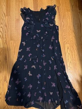 PAIGE Navy Butterfly Tiered Ruffle Midi Dress